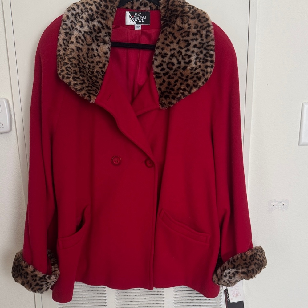 Elegant Red Pea Coat with Leopard Accents